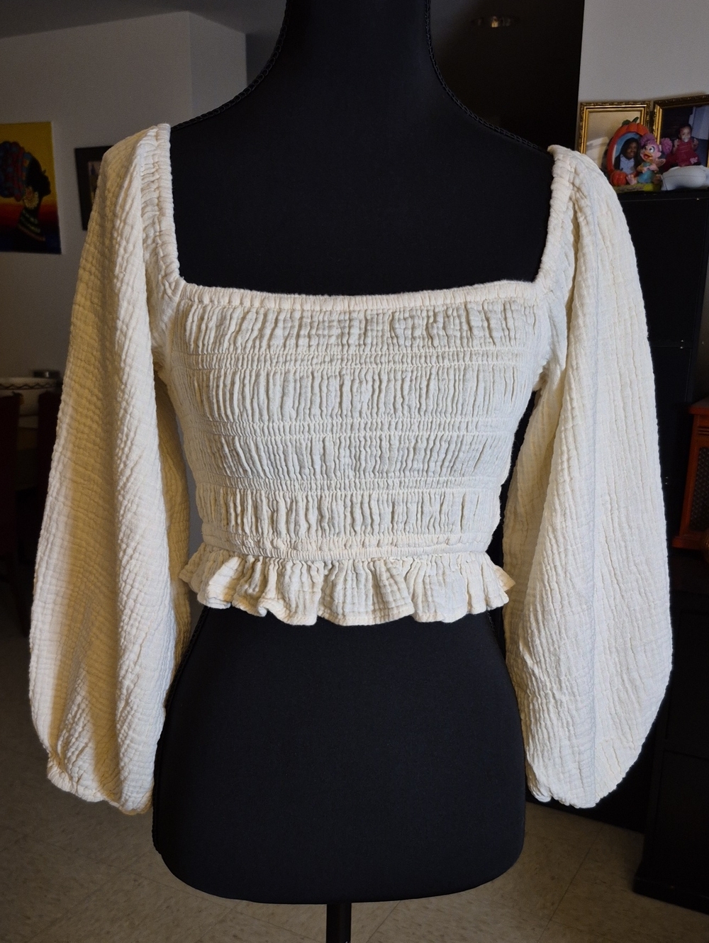 Roxy Cream Smocked Square-Neck Crop Top 3/4 Sleeves